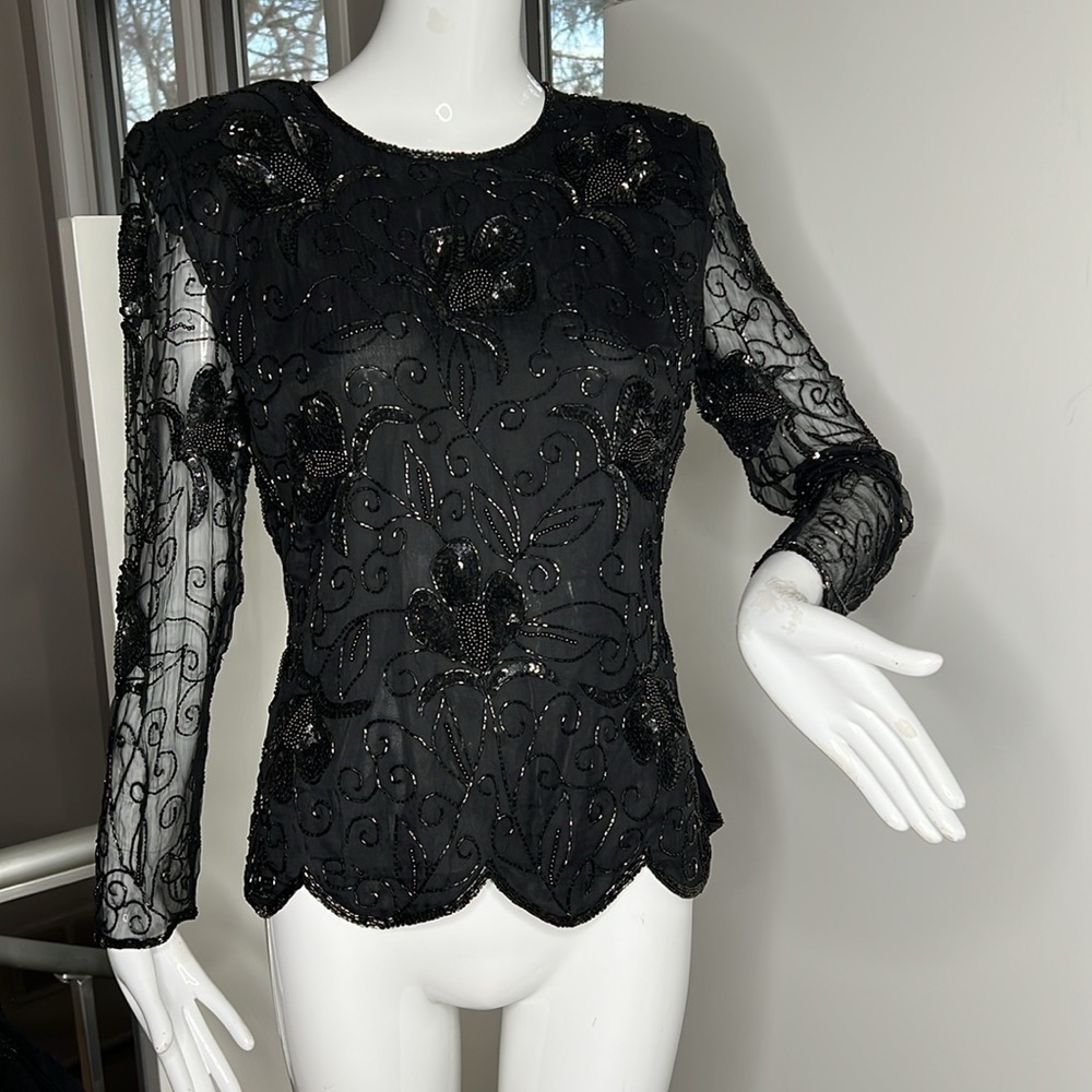 Stenay Sz M Long Sleeve Fully Beaded Back Zipper Blouse